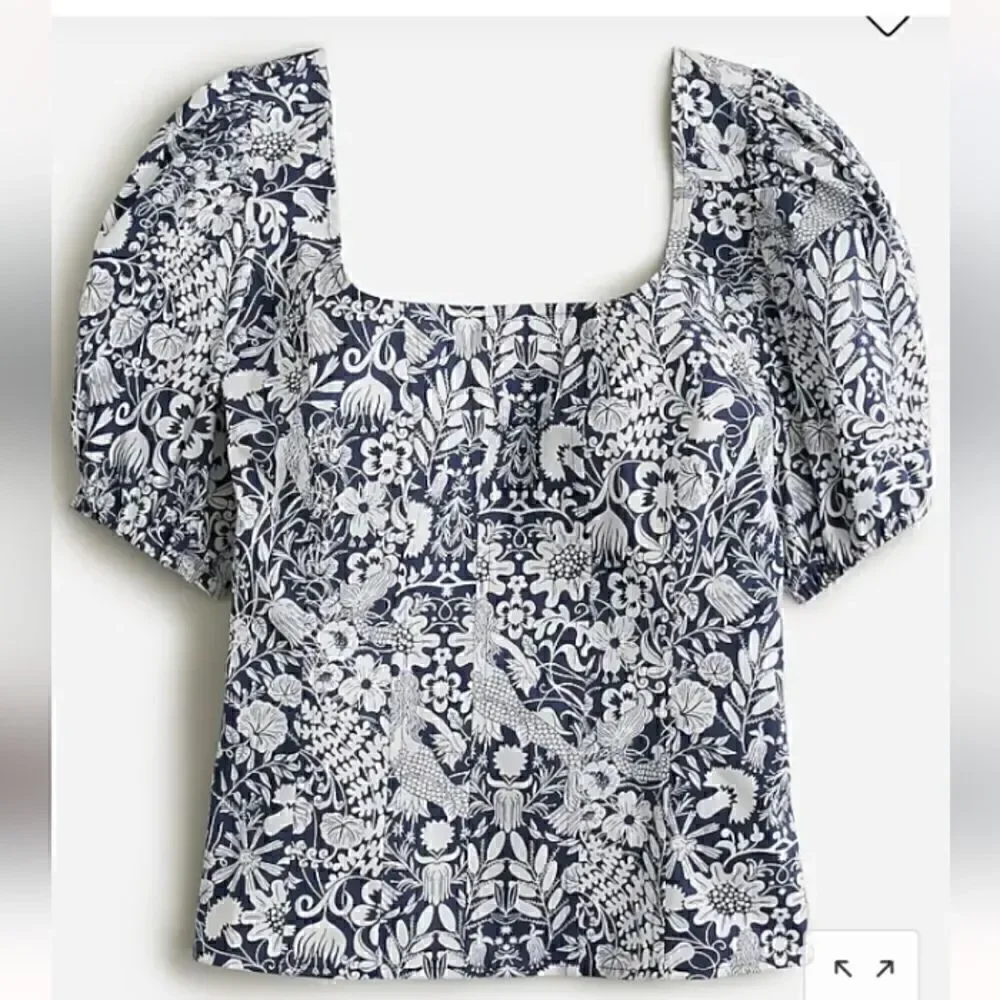 J CREW Cotton Poplin Square Neck Mermaid Print Puff Sleeve Top Size 0